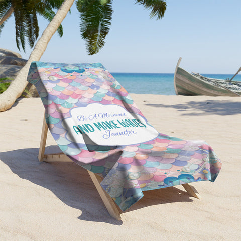 Image of Personalized Name Be A Mermaid And Make Waves Beach Towel