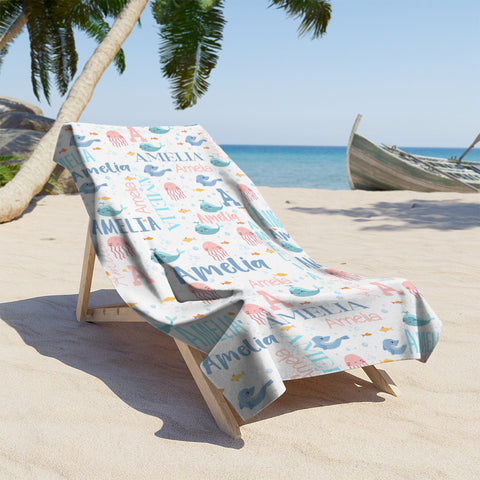 Image of Personalized Name Sea Animals Jellyfish Dolphin Whale Beach Towel