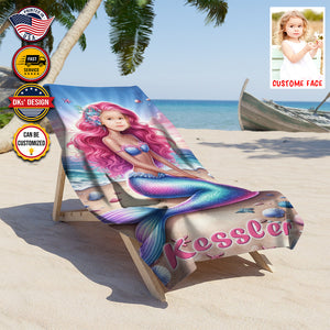 Personalized Name & Photo Summer Mermaid Pearl Beach Towel