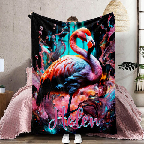 Image of Personalized Name Flamingo Blanket, Splash Flamingo Blanket, Customized Gifts for Animals Lovers