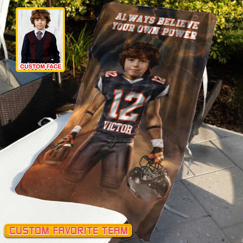 Image of Personalized Name & Photo Always Believe Your Own Power American Football Beach Towel, Sport Beach Towel
