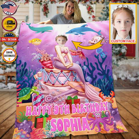 Image of Personalized Birthday Blanket, Mermaid Princess 9th Birthday Face And Custom Name Blanket, Girl Birthday Blanket, Christmas Gifts, Birthday Gifts