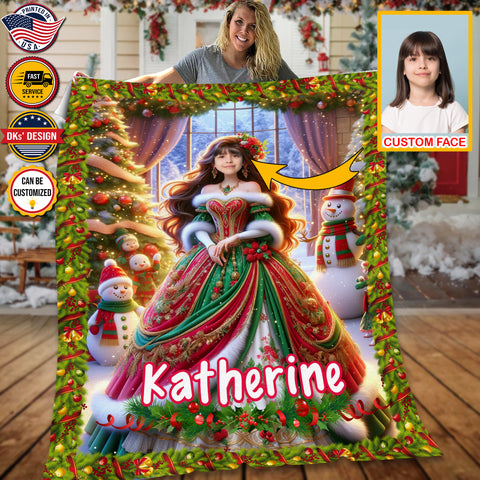 Image of Personalized Christmas Blanket, Cozy Christmas Princess Custom Face And Name Blanket, Girl Christmas Blanket, Princess Blanket, Christmas Gifts