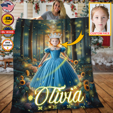 Image of Personalized Forest Princess Personalized Sunflower Custom Face And Name Blanket, Girl Blanket, Princess Blanket for Girl, Baby Shower Gift