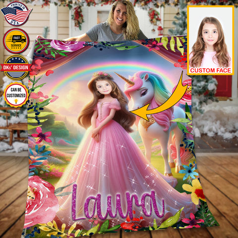 Image of Personalized Fairytale Blanket, Princess & Unicorn's Forest Custom Face And Name Blanket, Girl Blanket, Princess Blanket for Girl, Unicorn Blanket Gift