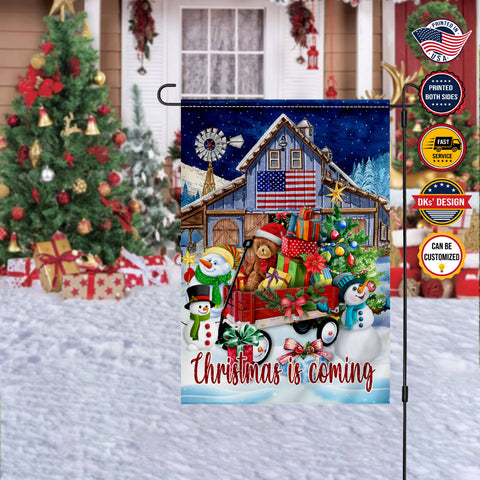 Image of Personalized Christmas Flag, Custom Double Side Barn Wagon Christmas Is Coming Flag, Snowman Christmas Garden Flag, Christmas Gift