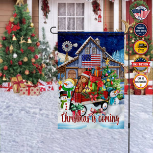 Personalized Christmas Flag, Custom Double Side Barn Wagon Christmas Is Coming Flag, Snowman Christmas Garden Flag, Christmas Gift