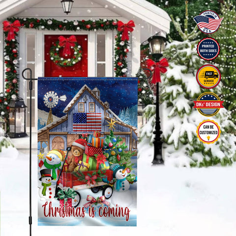 Image of Personalized Christmas Flag, Custom Double Side Barn Wagon Christmas Is Coming Flag, Snowman Christmas Garden Flag, Christmas Gift