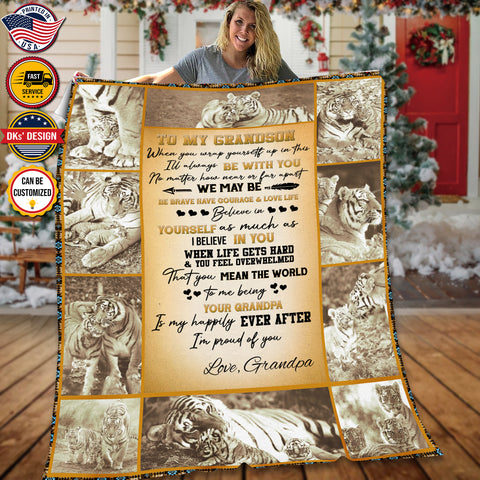 Image of Personalized Grandson Blanket Tiger To My Grandson Blanket, Blanket for Grandson, Birthday Blanket, Message Blanket, Gift For Grandson