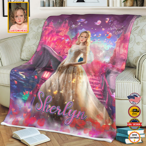 Image of Personalized Fairytale Blanket, Princess And Pink Castle Blanket, Custom Face And Name Blanket, Girl Blanket, Princess Blanket for Girl