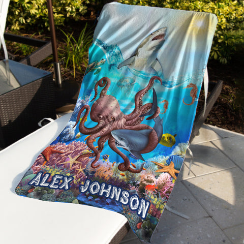 Image of Personalized Name Shark Under The Sea Creature Beach Towel