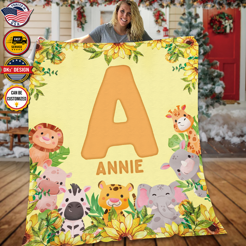 Image of Personalized Safari Initial Animals Baby Kid Custom Name Blanket, Baby Animal Blanket, Safari Animals Blanket, Baby Shower Gifts, Birthday Gifts