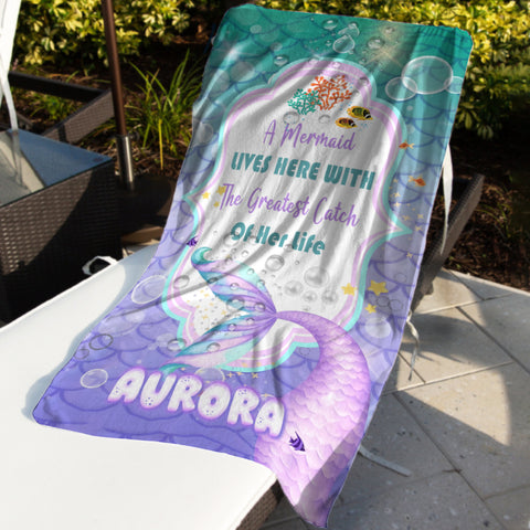 Image of Personalized Name A Mermaid Lives Here Mermaid Beach Towel
