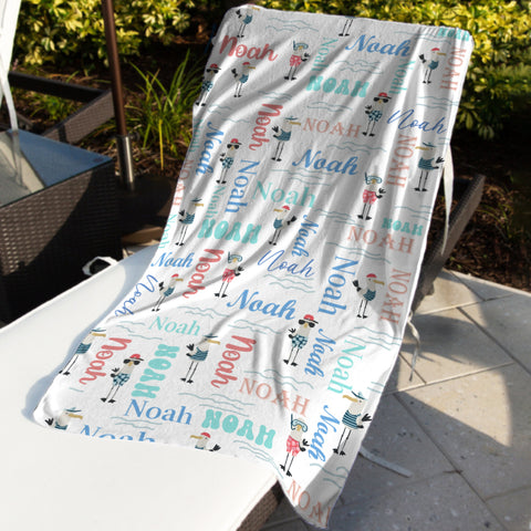 Image of Personalized Name Sea Animals Seagull Custom Name Beach Towel