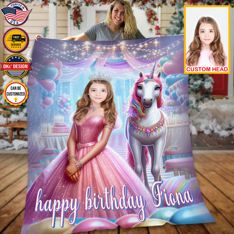 Image of Personalized Baby Girl Blanket, Custom Happy Birthday Princess Blanket, Fairy Tale Girl Blanket, Princess Blanket for Girl, Baby Shower Gift