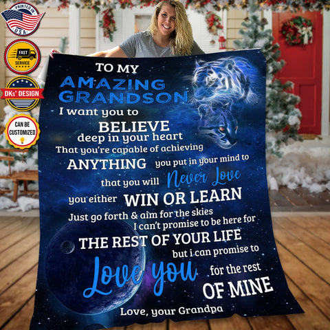 Image of Personalized To My Grandson Custom Name Blanket, Message Blanket, Blue Lion And Baby Blanket, Grandson Lion Blanket, Grandson Gift
