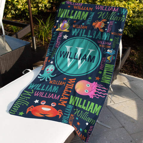 Image of Personalized Name Colorful Lettering Sea Animal Beach Towel