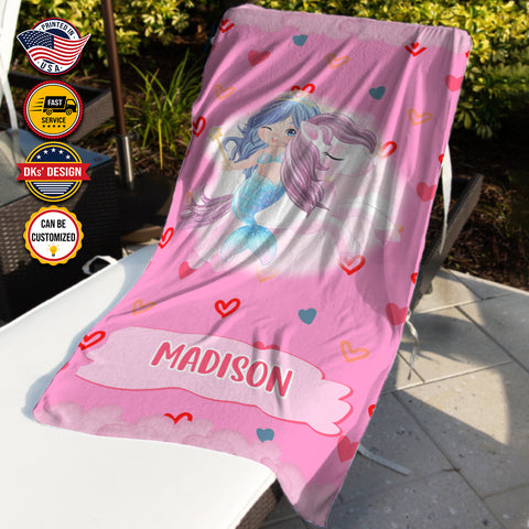 Image of Personalized Name Little Mermaid Pink Love Beach Towel