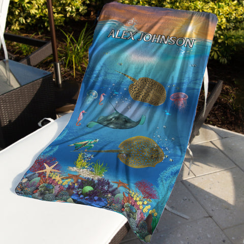 Image of Personalized Name Stingray Whale Under the Sea Creature Beach Towel