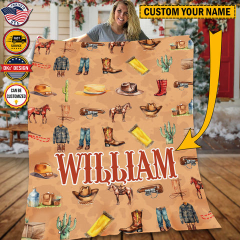 Image of Personalized Cowboy Blanket Custom Name Blanket, Personalized Cowboy Kid Blanket, Christmas Baby Blanket, Birthday Gift, Christmas Gifts