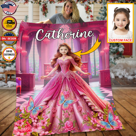 Image of Personalized Fairytale Blanket, Princess With Twilight Castle Luxury Blanket, Custom Face And Name Blanket, Girl Blanket, Princess Blanket for Girl