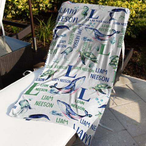 Image of Personalized Name Under The Sea Animal Beach Towel