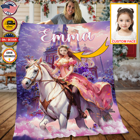 Image of Personalized Fairytale Blanket, Princess Riding Horse Royalty Blanket, Custom Face And Name Blanket, Girl Blanket, Princess Blanket for Girl