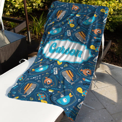 Image of Personalized Name Submarine With Sea Animals Beach Towel