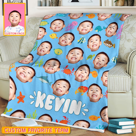 Image of Personalized Name & Photo Boy Custom Face Sea Animals Ocean Animals Blanket