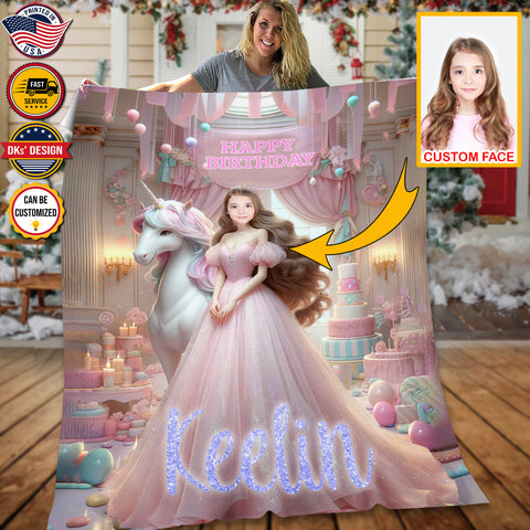 Image of Personalized Unicorn Princess Birthday Custom Face And Custom Name Blanket, Birthday Girl Blanket, Personalized Unicorn Blanket, Birthday Gifts