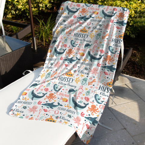 Image of Personalized Name Under The Sea Ocean Animals Beach Towel