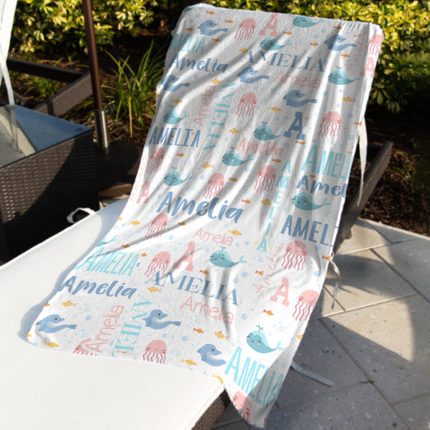 Image of Personalized Name Sea Animals Jellyfish Dolphin Whale Beach Towel