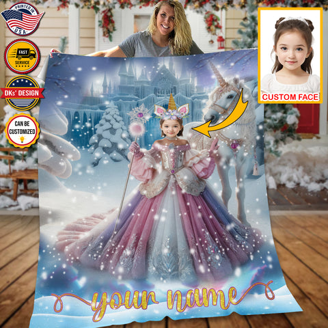 Image of Personalized Princess Christmas Custom Name And Face Blanket, Girl Blanket, Fairy Tale Blanket for Girl, Birthday Blanket, Christmas Gift
