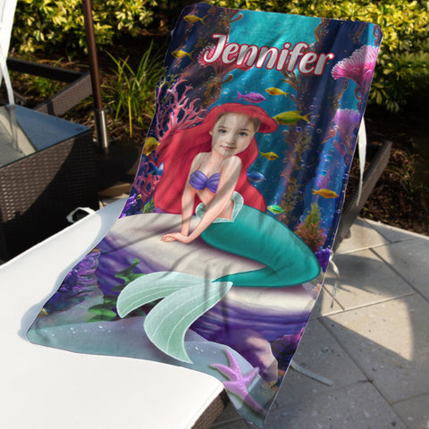 Image of Personalized Name & Photo Litte Mermaid In Deep Sea Beach Towel