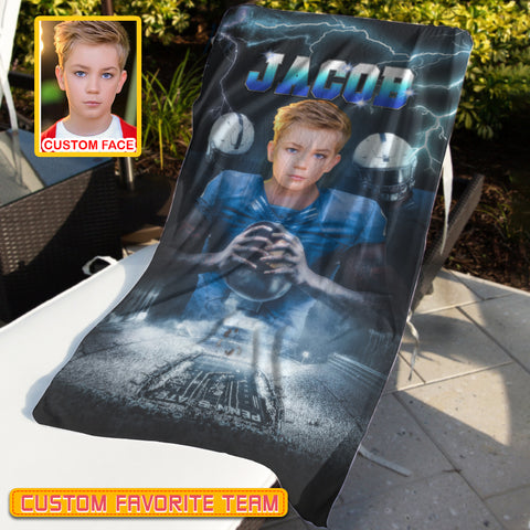Image of Personalized Name & Photo Super Star American Football Beach Towel, Sport Beach Towel, Football Lover Gift