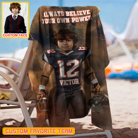 Image of Personalized Name & Photo Always Believe Your Own Power American Football Beach Towel, Sport Beach Towel