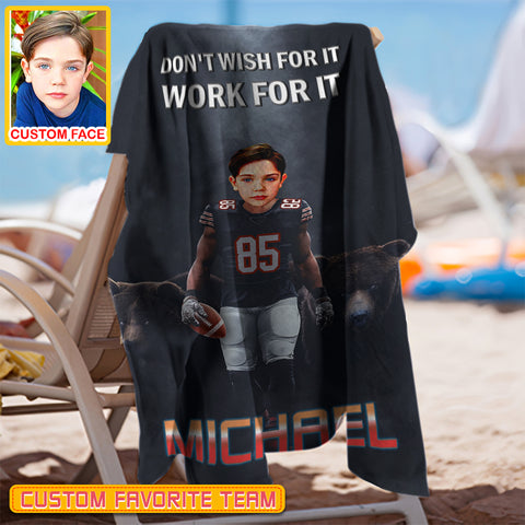 Image of Personalized Name & Photo Don't Wish For It Work For It American Football Beach Towel, Sport Beach Towel