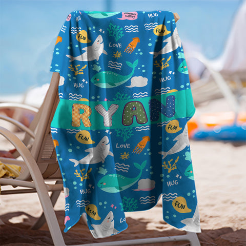 Image of Personalized Name Colorful Sea Animals for Kid Beach Towel