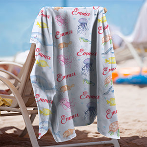 Personalized Name Under The Sea Colorful Ocean Animals Beach Towel