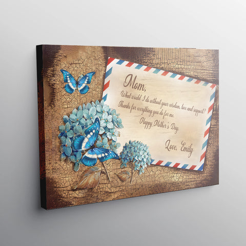 Image of Personalized Name Mom Canvas, Mom Blue Hydrangea Canvas for Mom for Mother, Customized Mother's Day Gifts