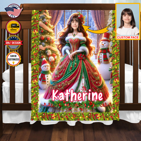 Image of Personalized Christmas Blanket, Cozy Christmas Princess Custom Face And Name Blanket, Girl Christmas Blanket, Princess Blanket, Christmas Gifts