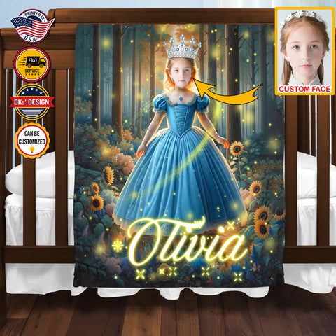Image of Personalized Forest Princess Personalized Sunflower Custom Face And Name Blanket, Girl Blanket, Princess Blanket for Girl, Baby Shower Gift