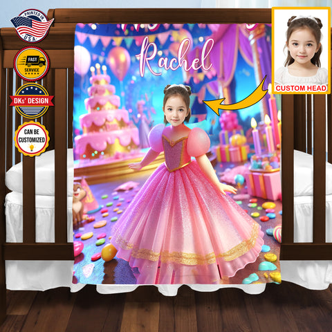 Image of Personalized Royal Birthday Princess Custom Face And Custom Name Blanket, Fairy Tale Girl Blanket, Princess Blanket for Girl, Baby Shower Gift