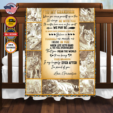 Image of Personalized Grandson Blanket Tiger To My Grandson Blanket, Blanket for Grandson, Birthday Blanket, Message Blanket, Gift For Grandson