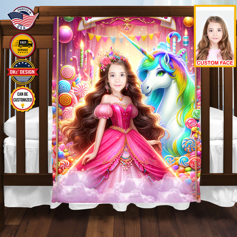 Image of Personalized Beautiful Princess Birthday Custom Face And Custom Name Blanket, Girl Birthday Blanket, Unicorn Blanket, Fairy Tail Blanket, Birthday Gifts
