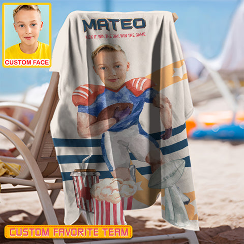 Image of Personalized Name & Photo Kick It Win The Day American Football Beach Towel, Sport Beach Towel, Football Lover Gift