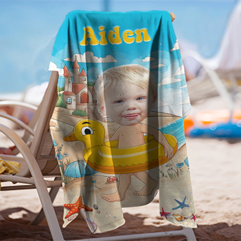 Image of Personalized Name & Photo Custom Face Kid Sand Beach Sea View Beach Towel