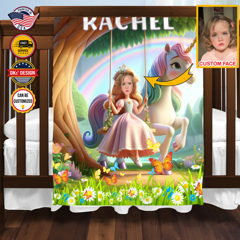 Image of Personalized Fairytale Blanket, Unicorn and Princess In The Royal Woods, Custom Face Name Blanket, Girl Blanket, Unicorn Blanket Gift For Daughter
