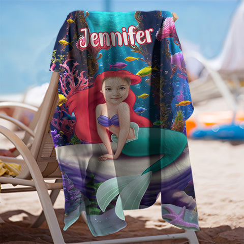 Image of Personalized Name & Photo Litte Mermaid In Deep Sea Beach Towel