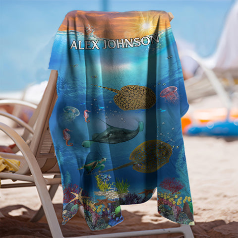Image of Personalized Name Stingray Whale Under the Sea Creature Beach Towel